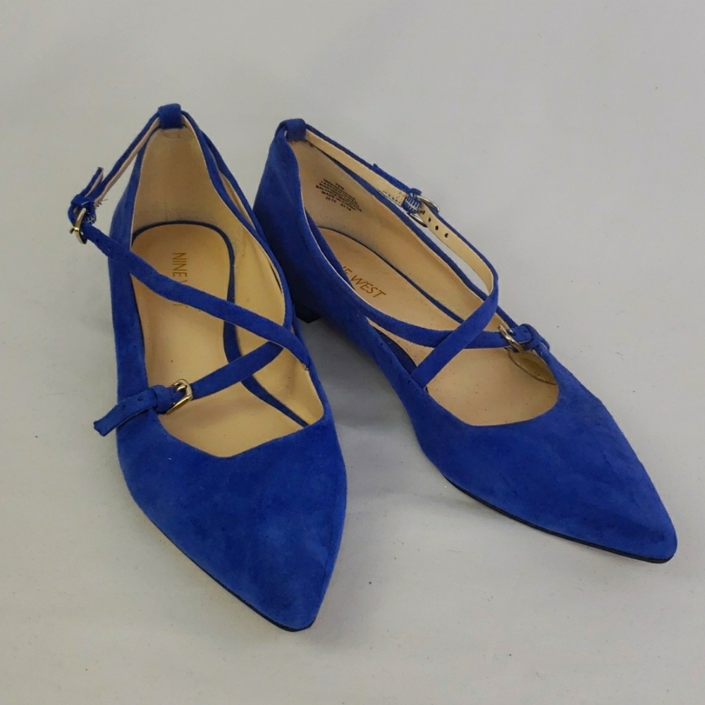 Nine West Cobalt Blue Suede Pointed-Toe Flats with Crisscross Straps